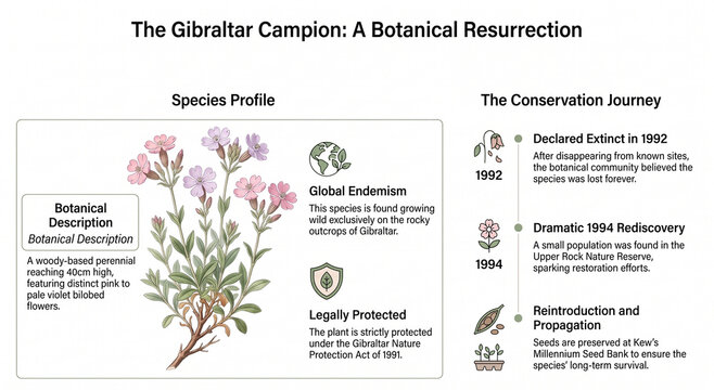 Educational infographic exploring Silene tomentosa, the Gibraltar campion, its botany, habitat, conservation and remarkable rediscovery.