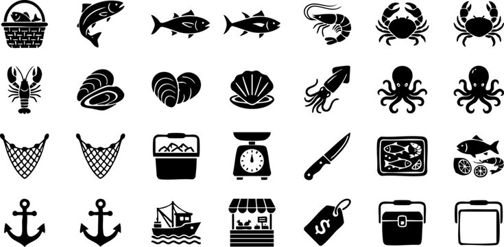 Seafood and fishing industry equipment icon collection with crustacean shellfish restaurant culinary