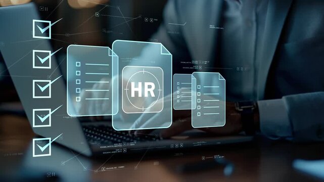 Businessman in modern office shows talent management with digital HR checklist, workforce planning, employee development, human resources strategy and business performance management