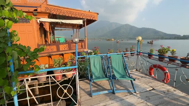 Srinagar, Dal Lake Shikara rides houseboat aerial view, Jammu and Kashmir, India. Breathtaking view of House boat in Kashmir valley. Boat on the dal lake. Beautiful View of Dal Lake Kashmir India