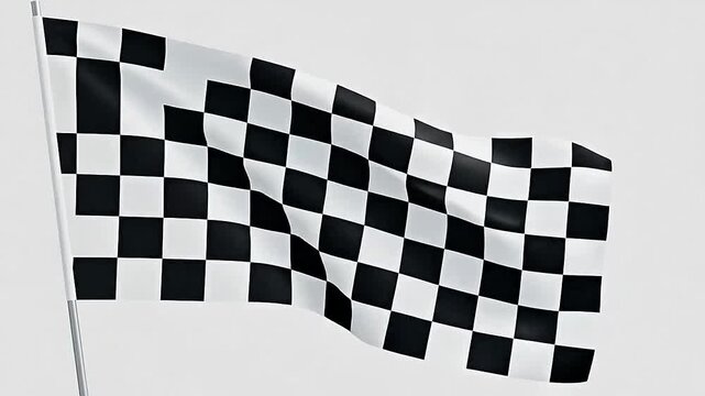 A black and white checkered flag waves against a plain light background