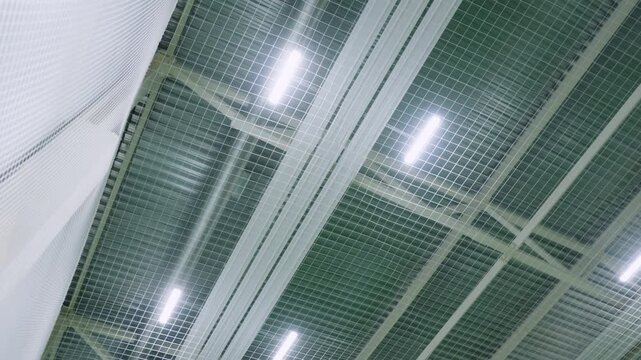 High ceiling of sports arena features metal trusses and lamps behind protective netting. Secure barrier layout ensures facility safety