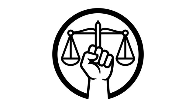 A hand holding a pen points to justice scales.