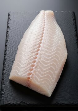 A thick cut of raw white fish fillet rests on a dark slate surface, highlighting its firm texture, flaky layers, and fresh protein quality, protein, meal, thick