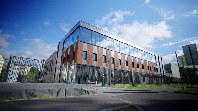 Building facade combines natural wood texture with modern glass elements. Modern sports architecture in harmony with urban environment