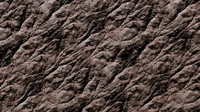 Highly detailed close-up of a dark brown, rugged rock surface. This raw, natural stone texture features deep crevices, fractured patterns, and a highly tactile appearance
