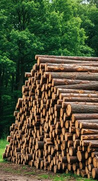 Large stack of freshly cut logs near a dense, productive woodland, ready for transport and industrial processing, pile, environment, raw material