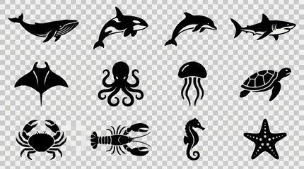Black Silhouette Collection of Marine Animals and Sea Creatures. © brian