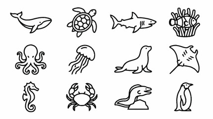 Black and white line art of various sea creatures. © brian