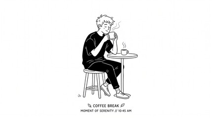 Naklejka premium Young man sitting at a small table enjoying a hot cup of coffee.