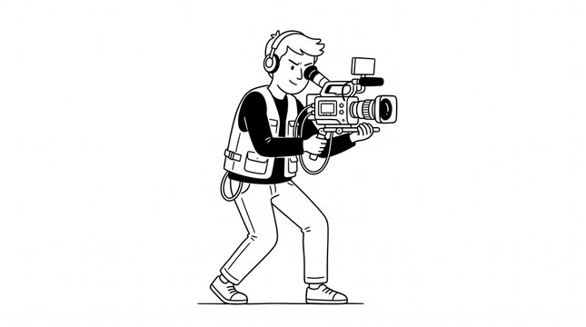 A professional cameraman filming with a large video camera in a simple line art style.