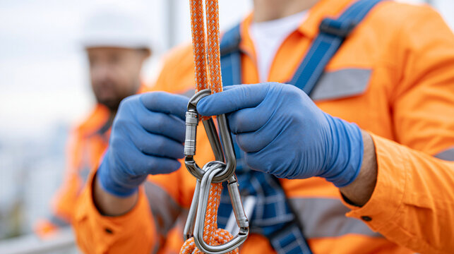 Close-Up of Hands in Protective Gloves Inspecting Fall Protection Safety Harness and Shock Absorbing Lanyard
