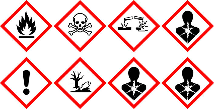 GHS hazard pictograms set of 8 vector icons, globally harmonized system chemical safety symbols, industrial warning labels for laboratory use