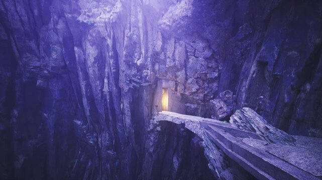 Glowing cave entrance at cliffside dusk. Winding rocky pathway, weathered stone balustrade, warm light spilling onto jagged walls, deep purple hues, cinematic