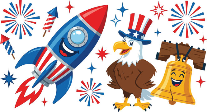 Cartoon american eagle in uncle sam hat, rocket, liberty bell, and fireworks spaceship