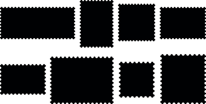 Set of black postage stamp frames with serrated edges for mail design elements.Set of black postage stamp frames with serrated edges for mail design elements.