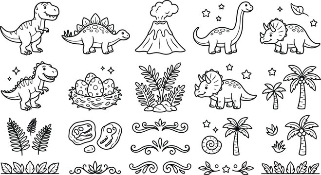 Collection of cute dinosaur volcano, palm trees, and fossil t-rex stegosaurus triceratops brontosaurus