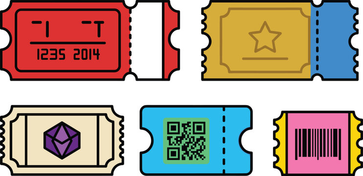 Admission Ticket Vector Icon Set Featuring Diverse Cinema Concert and Event Passes with Barcode QR Code Star and Coupon Stub Designs