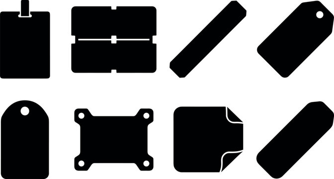 Various shopping tag and label silhouettes including hanging price tags and corner stickers.