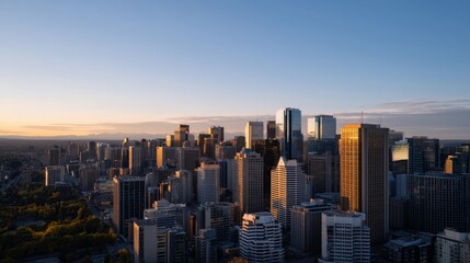 Fototapeta premium Stunning Skyline Bathed in Golden Hour Sunlight Over Reflective Glass Buildings