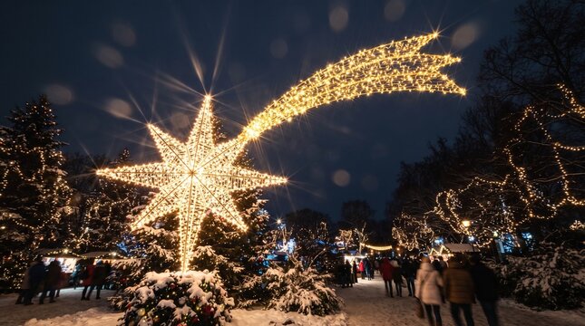 Christmas background winter wonderland scene with large star and lights