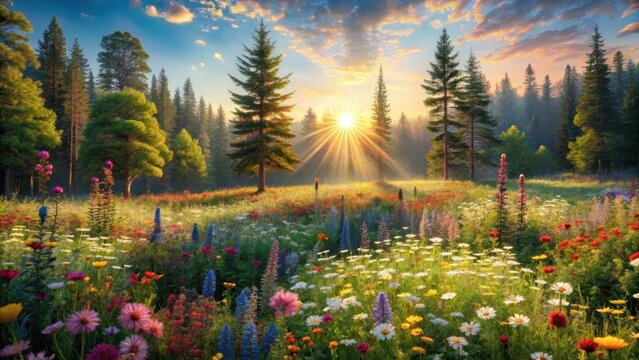 Vibrant meadow filled with wildflowers under sunlit forest canopy serene atmosphere