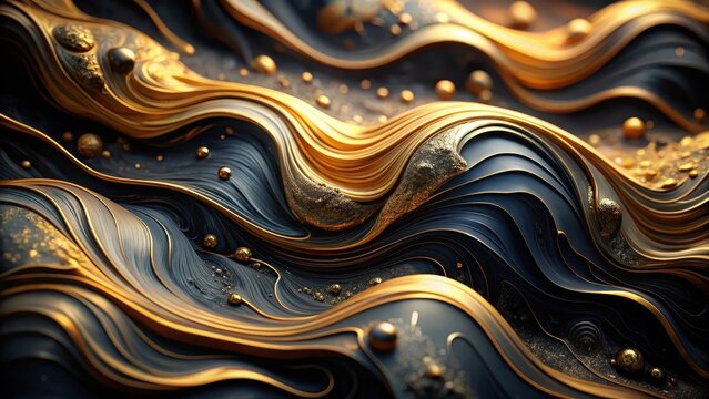 Black marble background with golden waves and curls abstract background or texture acrylic fluid art
