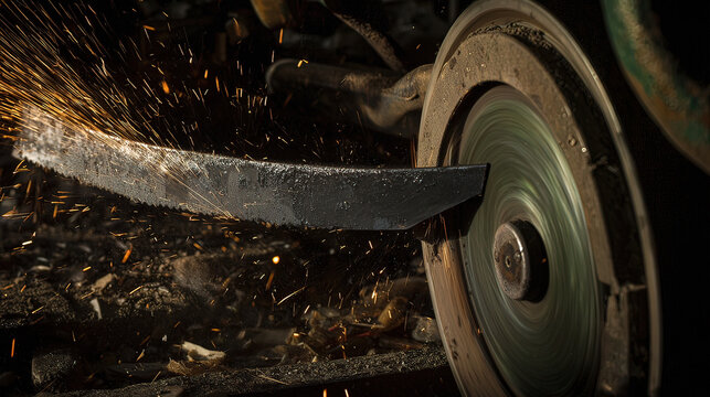 abrasive. Close-up of a grinding wheel sharpening an old knife with flying sparks in an industrial workshop. safety posters.
