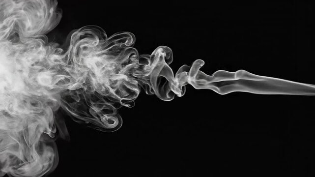 A delicate plume of white smoke swirls gracefully against a deep black background