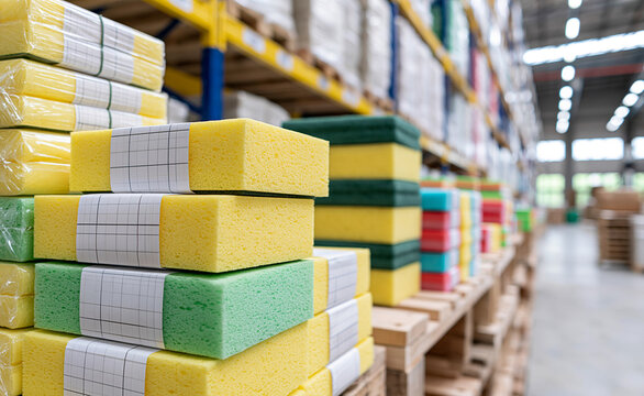 Stacked colorful kitchen sponge scrubbers in warehouse storage