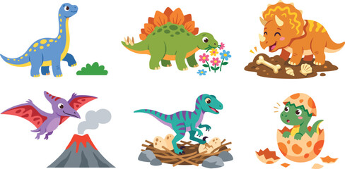 Set of cute cartoon dinosaur characters with brachiosaurus stegosaurus and triceratops for children's educational projects © Manik