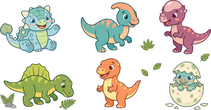 Set of cute cartoon dinosaur characters including ankylosaurus t-rex spinosaurus and parasaurolophus for children educational designs
