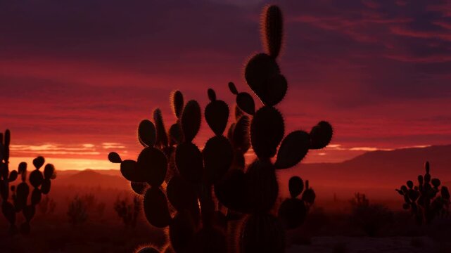 Silhouetted prickly pear cactus cluster glowing against vivid red and magenta sunset sky with layered mountain horizon, strong rim light, dark pads, dramatic desert mood