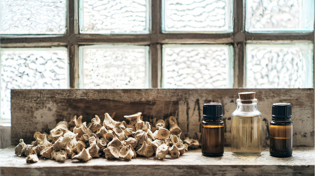 valerian. Dried valerian roots and small bottles on a rustic wooden shelf. menu design, packaging mockups, designed for culinary blogs and recipe cards for restaurants.
