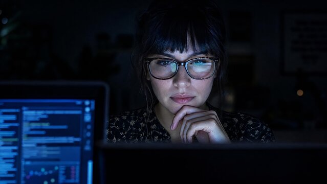 Focused Female Software Developer Working Late on Computer Coding at Night