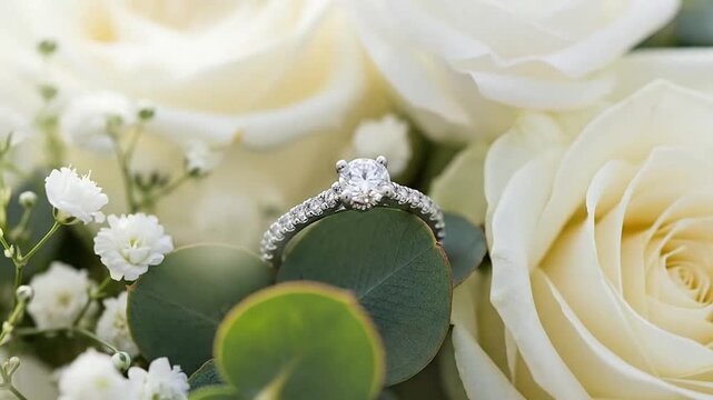 A sparkling diamond engagement ring rests delicately upon fresh green leaves and white roses