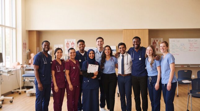 A diverse group of medical students, dressed in scrubs and lab coats, poses confidently in a bright, modern classroom equipped with medical training tools.