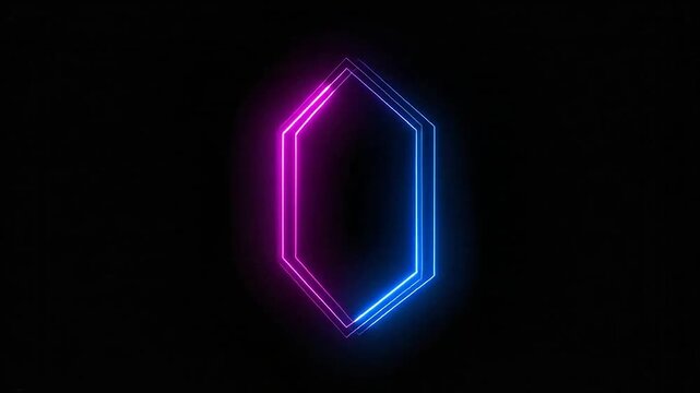 A glowing neon hexagon frame with vibrant blue and pink light lines on a dark background