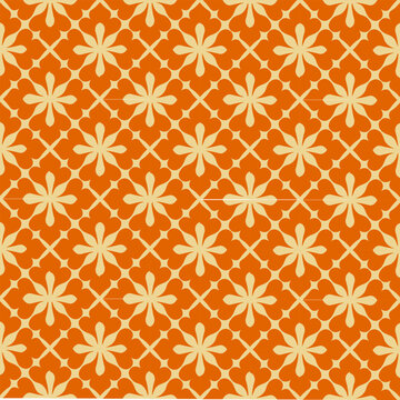 Seamless retro floral geometric pattern with cream flower motifs on a vibrant orange background. Perfect for wallpaper, fabric, wrapping paper, textile prints, home decor, scrapbook projects, and vint