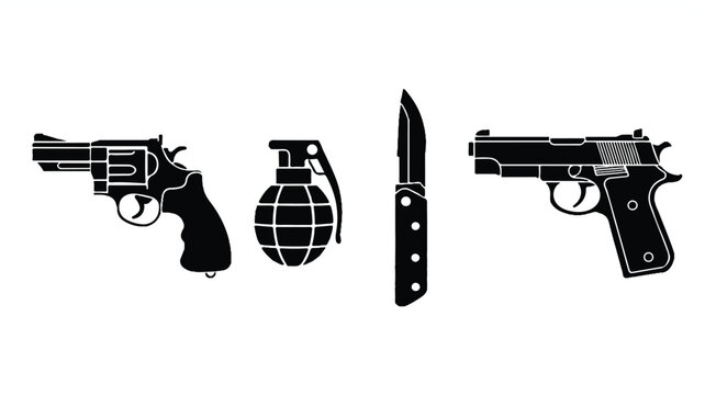 Illustration depicts weapons including guns and knife on a surface