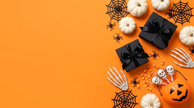 Flat lay composition of black gift boxes with white pumpkins and skeleton hands on vibrant orange background for halloween.