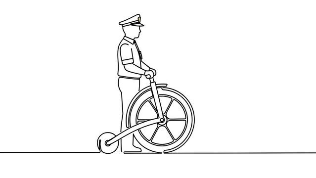 Police officer with bicycle on white background.