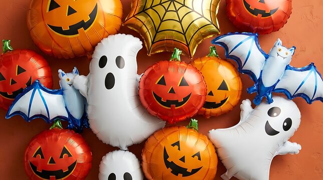Collection of foil halloween balloons including ghosts bats and pumpkins on orange surface for top view party flat lay.