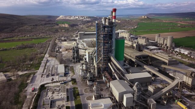 High-resolution aerial footage of a modern cement manufacturing plant surrounded by limestone quarries, industrial infrastructure, railway sidings, and agricultural fields in Bulgaria. Ideal for illus