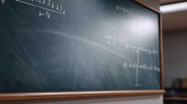Detailed Chalkboard Filled with Mathematical Equations and Diagrams in Classroom Setting