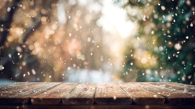 unanimity. Winter wooden surface with gentle snowfall, cold seasonal atmosphere. travel magazines, destination branding, designed for outdoor magazines and nature guides, inspires travel planning.
