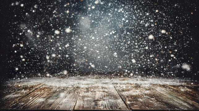 unanimity. Winter wooden surface with gentle snowfall, cold seasonal atmosphere. travel magazines, destination branding, designed for outdoor magazines and nature guides, inspires travel planning.
