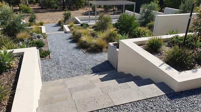 Modern architectural garden design with natural stone steps, gravel paths, and drought-tolerant plants, creating a sophisticated and low-maintenance outdoor living environment