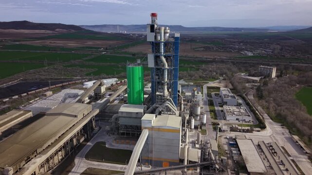 High-resolution aerial footage of a modern cement manufacturing plant surrounded by limestone quarries, industrial infrastructure, railway sidings, and agricultural fields in Bulgaria. Ideal for illus