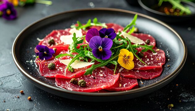 Rindercarpaccio mit Veilchenbl&uuml;ten